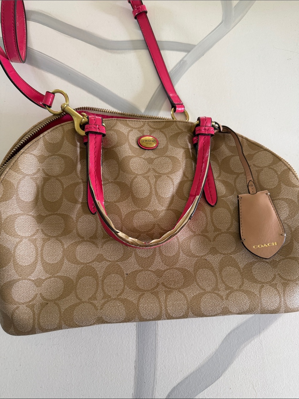 Coach Tan Signature Satchel with Pink Trim
